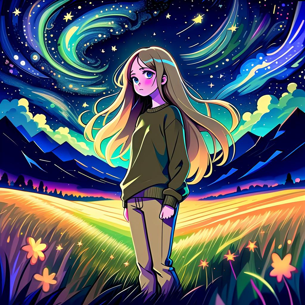  psychedelic style a girl in anime style with long hair stands in the middle of the field dressed in a khaki sweater and pants. the girl looks at the starry sky at night in hope, fear of the unknown and curiosity, reaching out to the night sky. . vibrant colors, swirling patterns, abstract forms, surreal, trippy