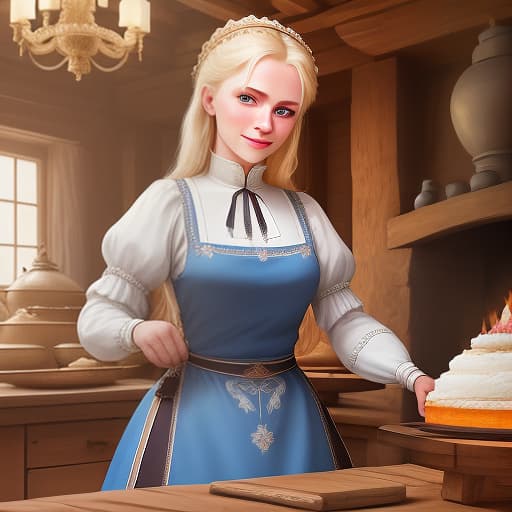  masterpiece, the best quality, a russian woman in traditional clothes prepares cakes in a stone oven, a very light smile, tense, piercing eyes, blue eyes, flowing blond hair, dressed in a traditional russian outfit, cooks in the open air, inside a wooden castle, against the background of an ancient russian throne room in a wooden castle, cartoon style, cute,