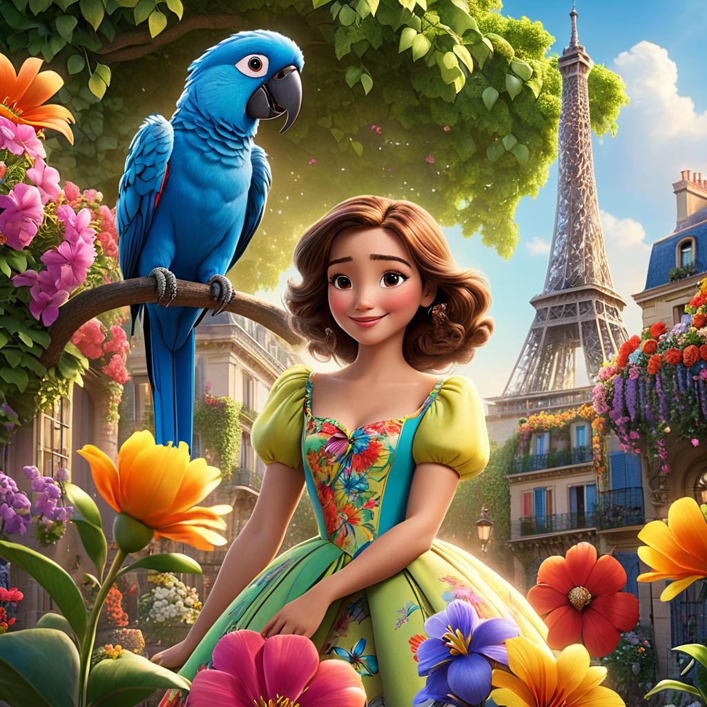  in 3d animated movie style. disney pixar style. paris, a in a colorful dress with floral patterns, radiates joy. a vint parrot, magical and grateful, stands beside her. lush garden, colorful flowers, erflies create a whimsical atmosphere. art style: high resolution pixar 3d. bright light illuminates the scene, enhancing colors. low angle perspective shows paris and the parrot in heartwarming interaction, evoking joy and graude.