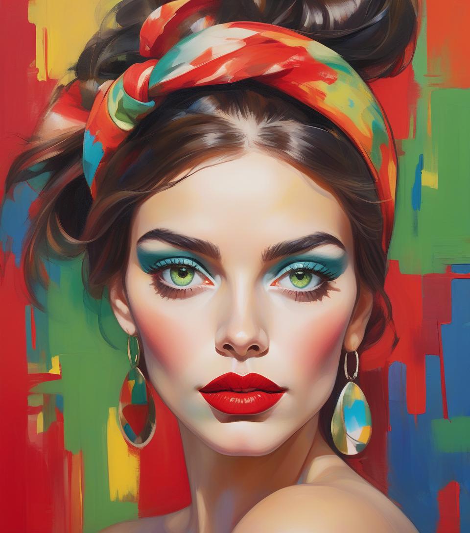  a vibrant painting of a woman with striking eyes, wearing a colorful headband, and bold red lips, set against a multicolored abstract ba a close up portrait of a woman with vibrant, multicolored brushstrokes on her face, highlighting her striking green eyes and red lipsckground.