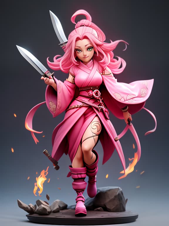  Character Sakura Haruno. Green eyes. A mop of long, , pink hair. High quality portrait concept art depicting a fantastic and beautiful young , perfect anatomy, high detail, excellent poses. dancing in fire with knives and metal., Character, Full body, Concept design, Sheet, Ultra wide view, Ultra detailed hyperrealistic, full body, detailed clothing, highly detailed, cinematic lighting, stunningly beautiful, intricate, sharp focus, f/1. 8, 85mm, (centered image composition), (professionally color graded), ((bright soft diffused light)), volumetric fog, trending on instagram, trending on tumblr, HDR 4K, 8K
