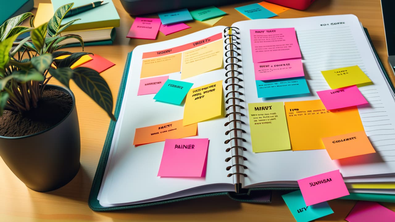  a serene desk scene with a planner open to a page labeled smart goals, surrounded by colorful sticky notes, a cup of coffee, a small plant, and a vision board with inspiring images and quotes. hyperrealistic, full body, detailed clothing, highly detailed, cinematic lighting, stunningly beautiful, intricate, sharp focus, f/1. 8, 85mm, (centered image composition), (professionally color graded), ((bright soft diffused light)), volumetric fog, trending on instagram, trending on tumblr, HDR 4K, 8K