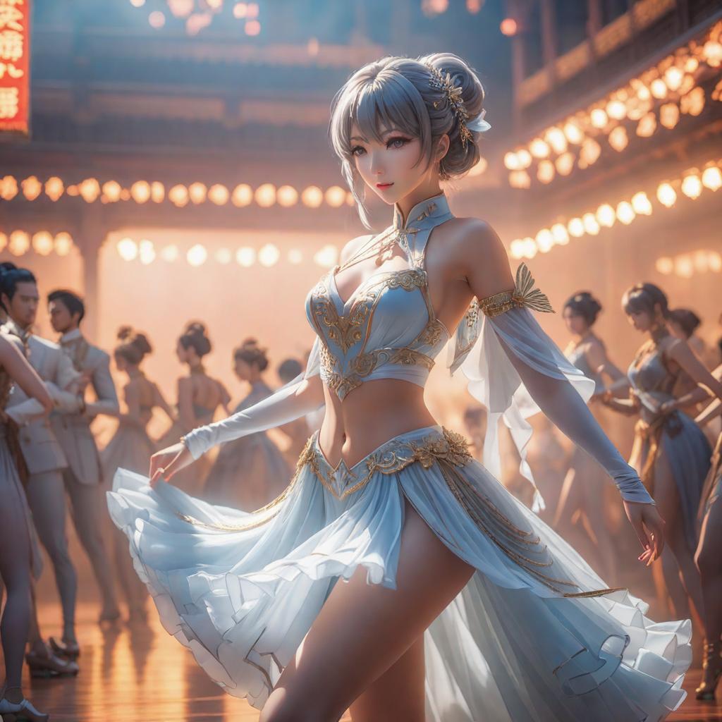  a in dance dreess, ((anime)) hyperrealistic, full body, detailed clothing, highly detailed, cinematic lighting, stunningly beautiful, intricate, sharp focus, f/1. 8, 85mm, (centered image composition), (professionally color graded), ((bright soft diffused light)), volumetric fog, trending on instagram, trending on tumblr, HDR 4K, 8K