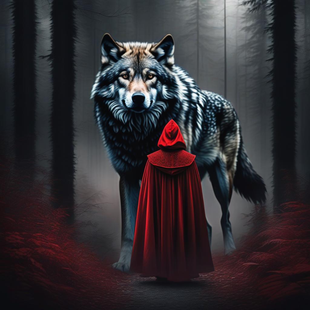  ((pencil drawing)), The Girl in the Red Cloak with the Wolf in the Dark Forest detailed digital painting, a photorealistic painting, art photography, bloody, scarred, scary, horror, spooky, nightmare, ultra detailed, hyper focus, high res, unreal engine, masterpiece, , high quality, highly detailed, 4K, 8K