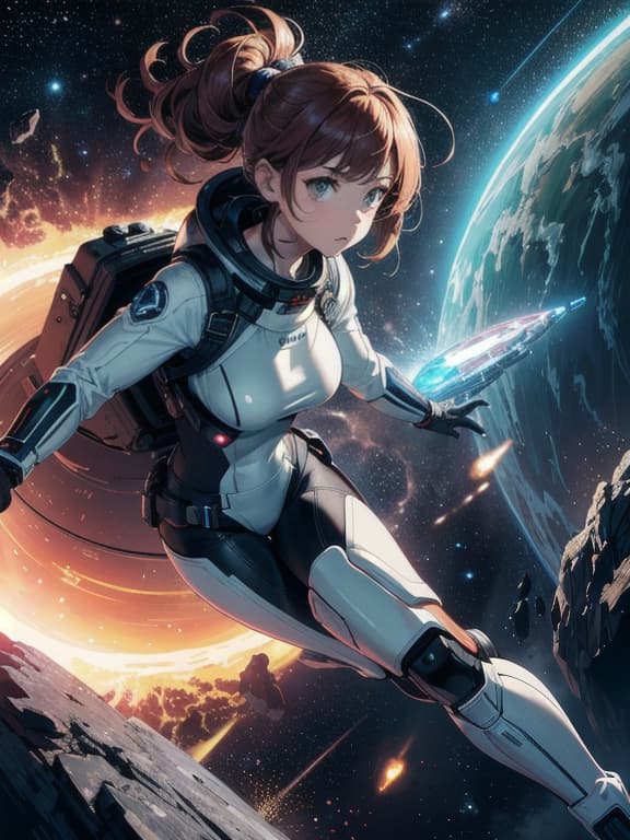  master piece, best quality, ultra detailed, highres, 4k.8k, female hero, exploring, adventuring, analyzing surroundings, navigating, confident, focused, determined, courageous, break a strong, cool, female hero exploring the cosmos., outer space, spacesuit, spacecraft, futuristic gadgets, celestial bodies, break vast, awe inspiring, mysterious, futuristic, cosmic rays, glow of distant stars, sense of weightlessness, futuristic technology,