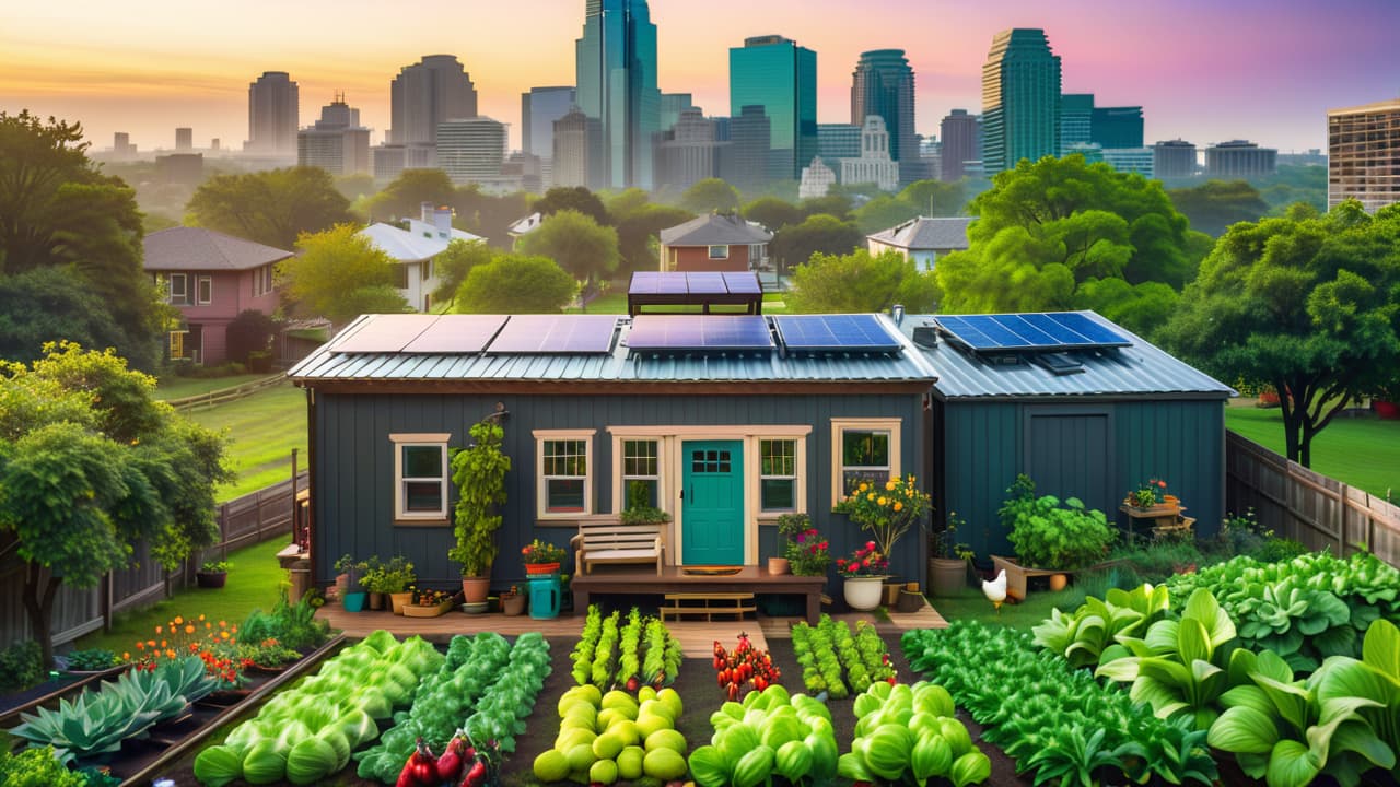  a vibrant texas urban homestead featuring a cozy tiny house, lush vegetable gardens, chickens roaming freely, a rainwater collection system, and solar panels, surrounded by a city skyline in the background, showcasing sustainability. hyperrealistic, full body, detailed clothing, highly detailed, cinematic lighting, stunningly beautiful, intricate, sharp focus, f/1. 8, 85mm, (centered image composition), (professionally color graded), ((bright soft diffused light)), volumetric fog, trending on instagram, trending on tumblr, HDR 4K, 8K