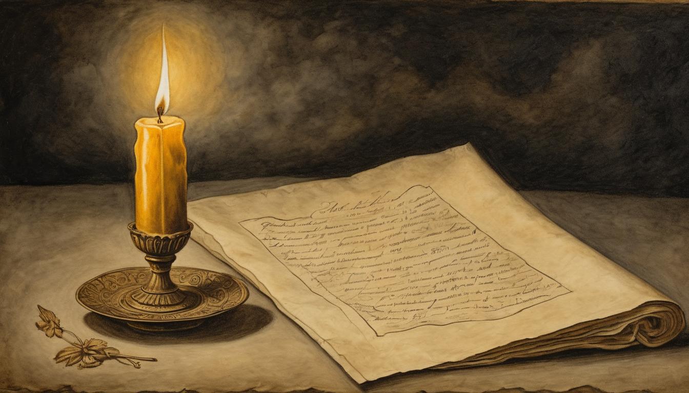  on parchment, surrealism++, tall golden candle burning steadily in darkness, enduring, resilient(mysterious, provocative, symbolic)++