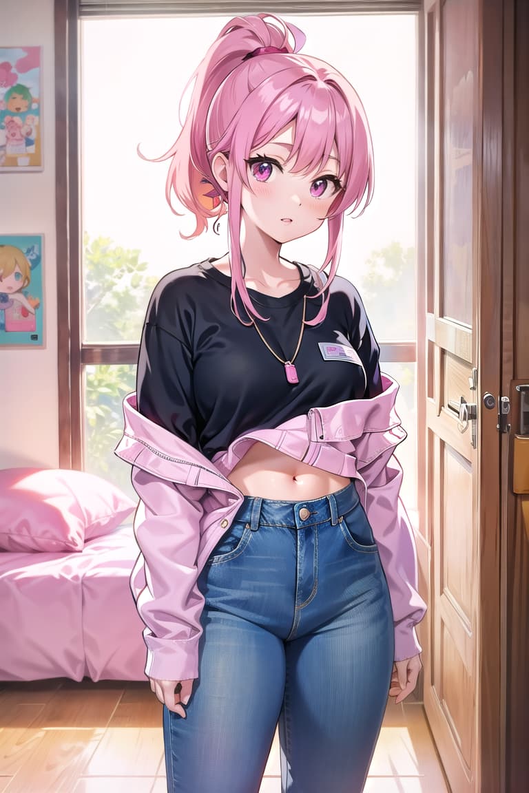  r 18, , middle , pink haired ,ponytail,large eyes,s She wears a cute pink , and her jeans are unoned, hanging low on her hips room, changing clothes,,,