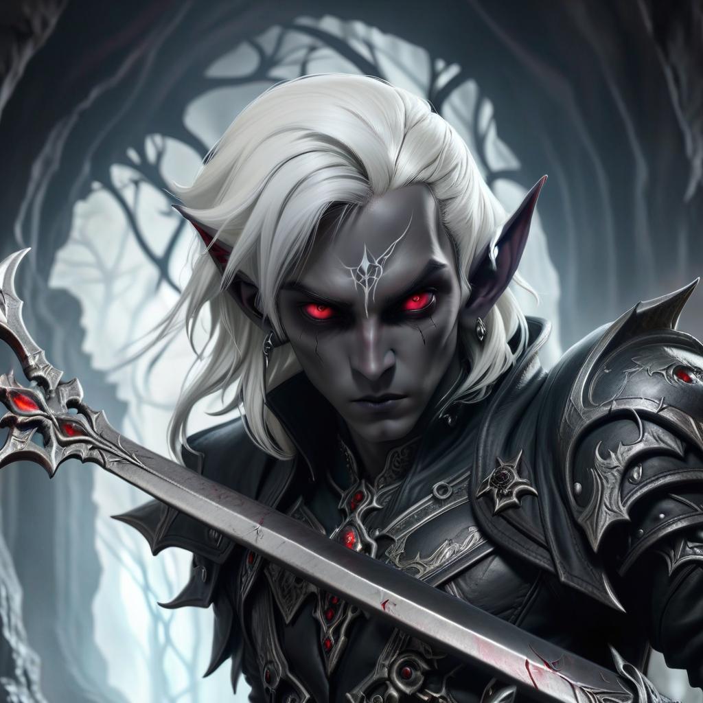  macabre style drow male elf cleric, graphite color skin, red eyes, silver medium haircut, white eyelashes, white brows, black leather jacket, dark cave temple . dark, gothic, grim, haunting, highly detailed, civitai, hkmagic