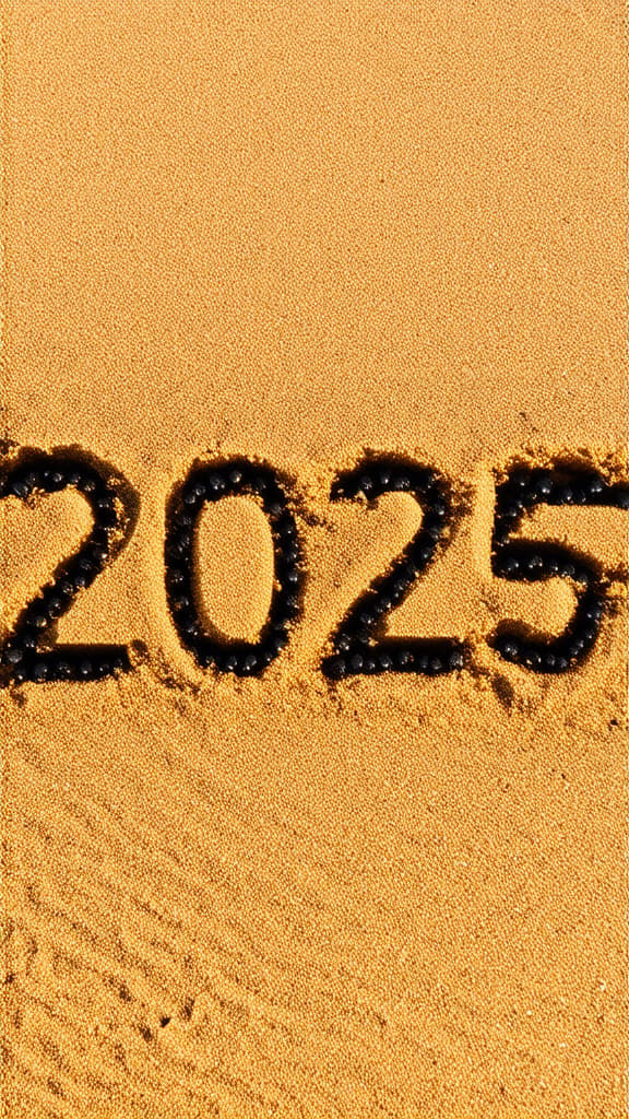  message year 2024 replaced by 2025 text written on beach sand background. good bye 2024 hello to 2025 happy new year coming concept. top view. ar 9:16 {prompt}, maximum details