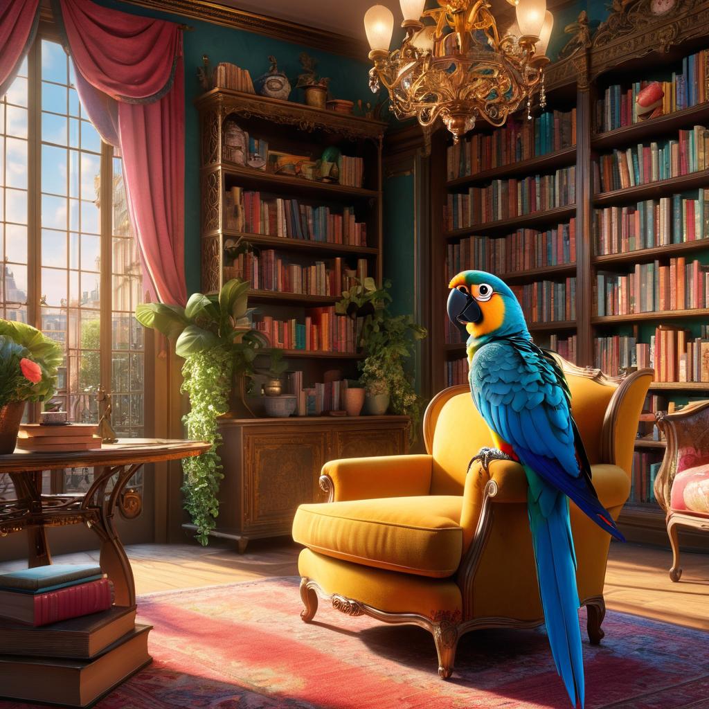  in 3d animated movie style. disney pixar style. paris, in a colorful dress with floral patterns, depicted as curious and kind. mysterious and magical parrot. cozy room with books, armchair, and open birdcage. soft sunlight creates warm atmosphere. pixar 3d animated style with detailed textures. bright, soft light showcases vivid colors. slightly above eye level view of paris and parrot interacting by the birdcage, emphasizing their bond.