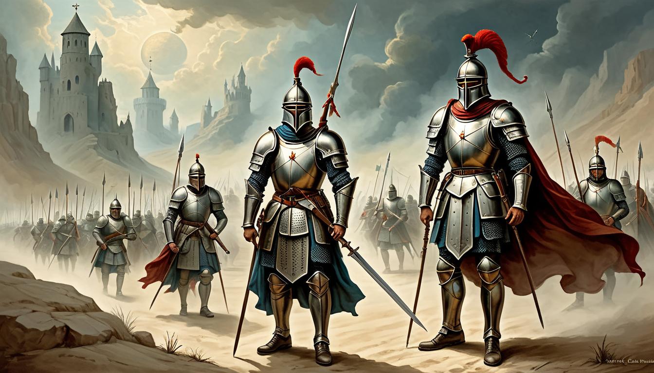  on parchment, surrealism+++, soldiers in divine armor, standing guard, vigilant, formidable, sacred defense, unyielding(mysterious, provocative, symbolic,muted color)+++