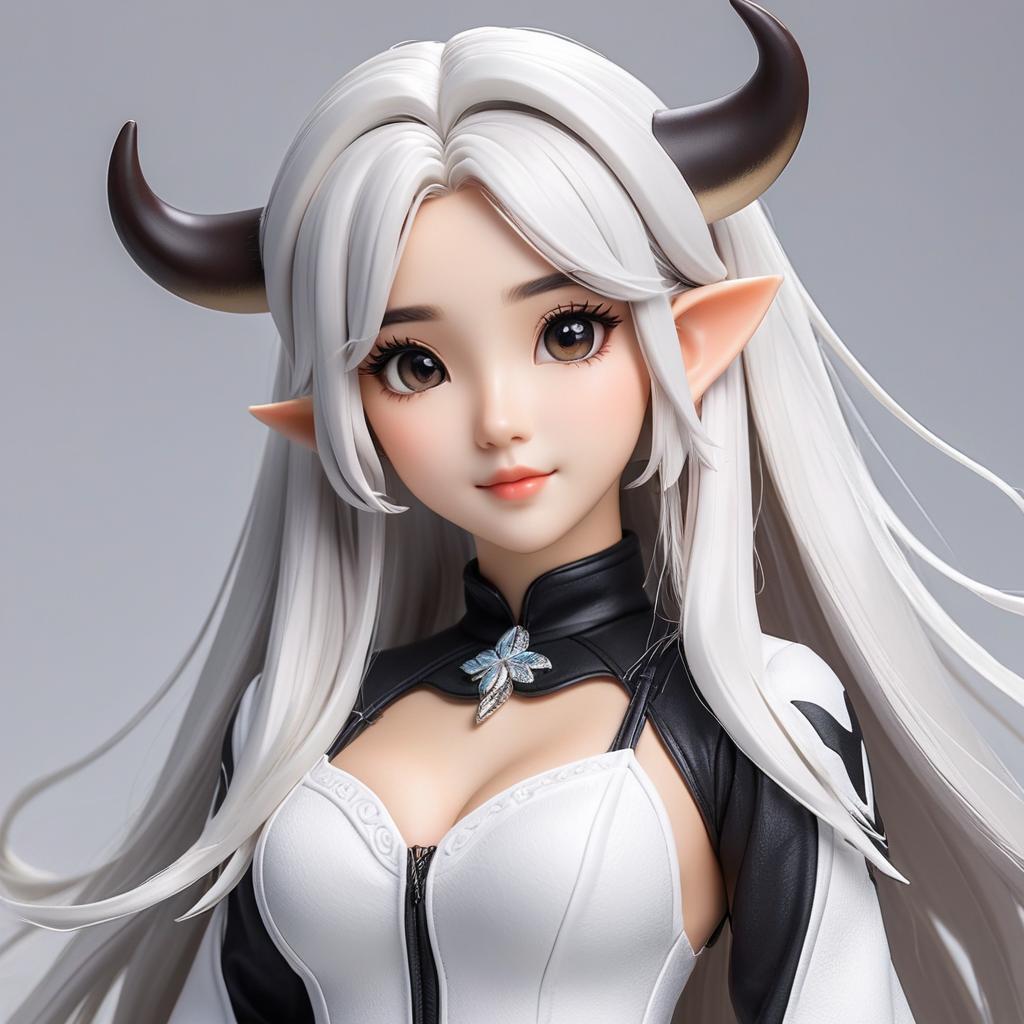   with long white hair in a micro only with cow print. she has cow horns and ears, and is posing in a pet like pose with an embarred look on her face and blushing. you can see a lot of the skin on her body and you can see her whole body, award winning, professional, highly detailed, masterpiece