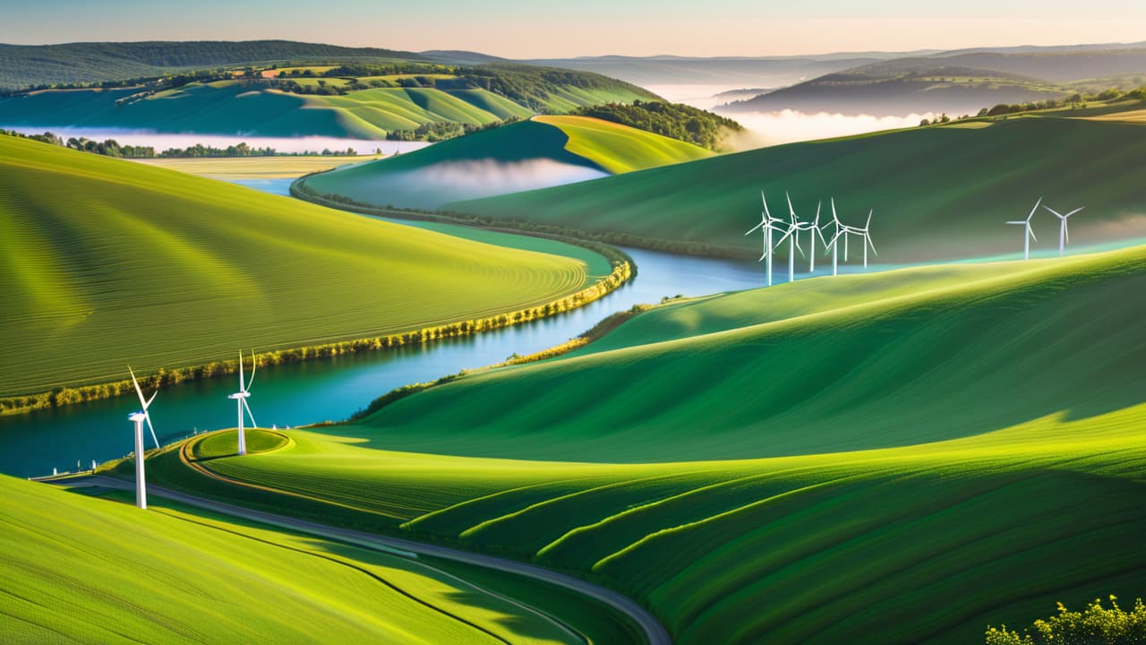  a vibrant landscape showcasing wind turbines on rolling green hills, solar panels glistening under the sun, and a flowing river with a hydroelectric dam, all under a clear blue sky dotted with fluffy white clouds. hyperrealistic, full body, detailed clothing, highly detailed, cinematic lighting, stunningly beautiful, intricate, sharp focus, f/1. 8, 85mm, (centered image composition), (professionally color graded), ((bright soft diffused light)), volumetric fog, trending on instagram, trending on tumblr, HDR 4K, 8K