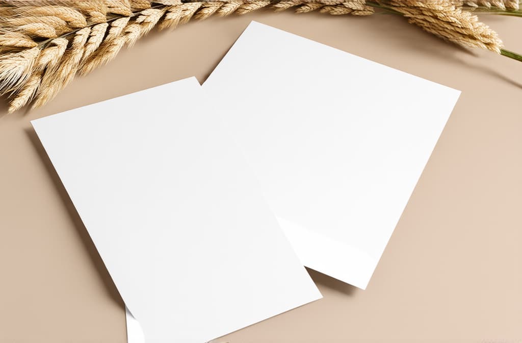  two white invitation cards mockup with a pampas decoration on the beige table. 5x7 ratio, similar to a6, a5. ar 3:2 {prompt}, maximum details