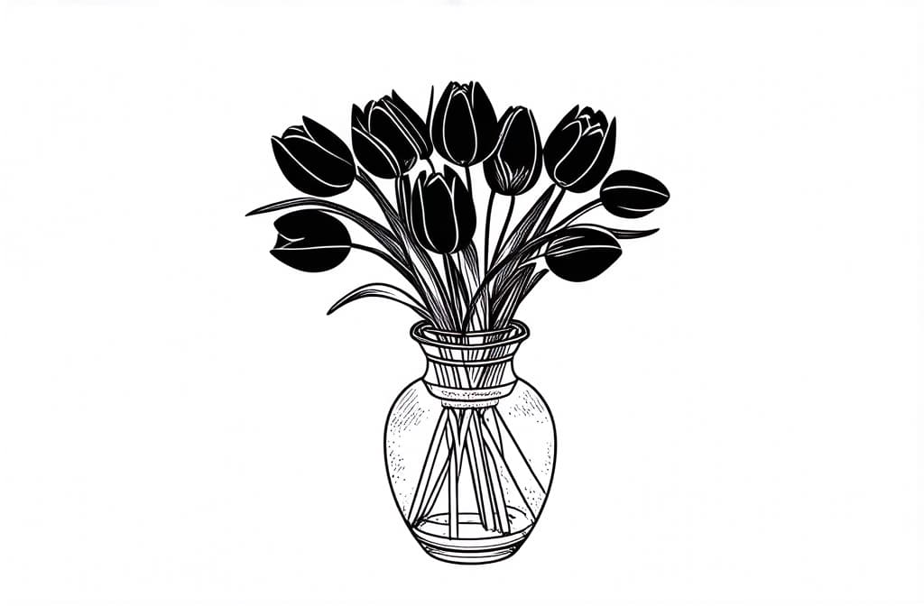  contour, very simple image in one unbroken black ink line, single line of tulip bouquet in vase, engraving illustration, icon isolated on white ar 3:2 using a single continuous black line ink brushon white background, drawing should be created without lifting the pen, recognizable features of tulip bouquet in vase, engraving illustration, icon isolated on white ar 3:2 in one unbroken line