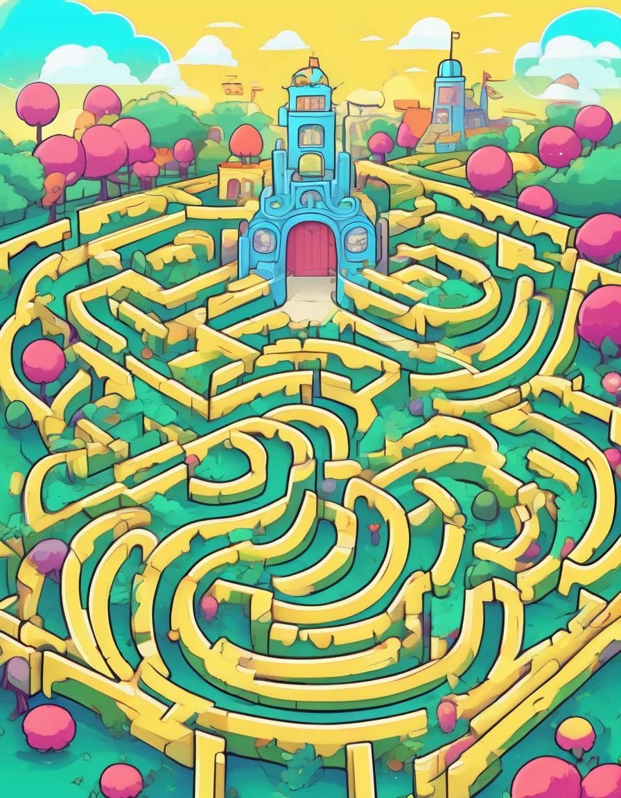  children's maze, anime, cartoon style, flat style, bright colors, thin contours, pure colors