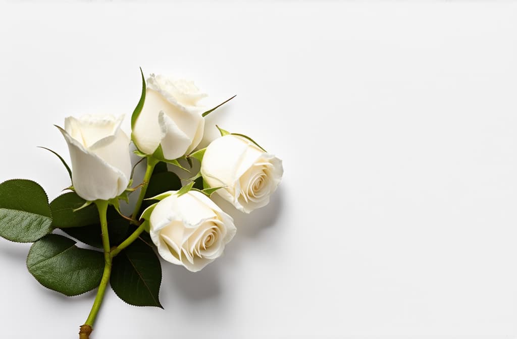  real estate photography style white rose buds on a white background with free space on the right for a signature ar 3:2 . professional, inviting, well lit, high resolution, property focused, commercial, highly detailed