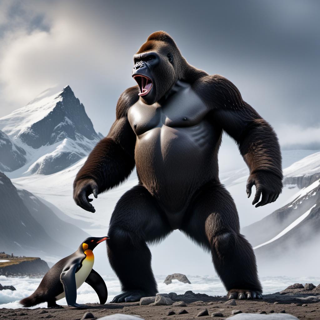  King Kong fighting a GIANT king penguin. King Kong should have its distinctive features: massive, muscular build, dark fur, expressive face, and powerful limbs. The GIANT king penguin should be much larger than a typical penguin, with a muscular build, sharp beak, and fierce look. The setting can be in a mountainous terrain or a cityscape with destroyed elements, emphasizing the intensity of the battle. hyperrealistic, full body, detailed clothing, highly detailed, cinematic lighting, stunningly beautiful, intricate, sharp focus, f/1. 8, 85mm, (centered image composition), (professionally color graded), ((bright soft diffused light)), volumetric fog, trending on instagram, trending on tumblr, HDR 4K, 8K