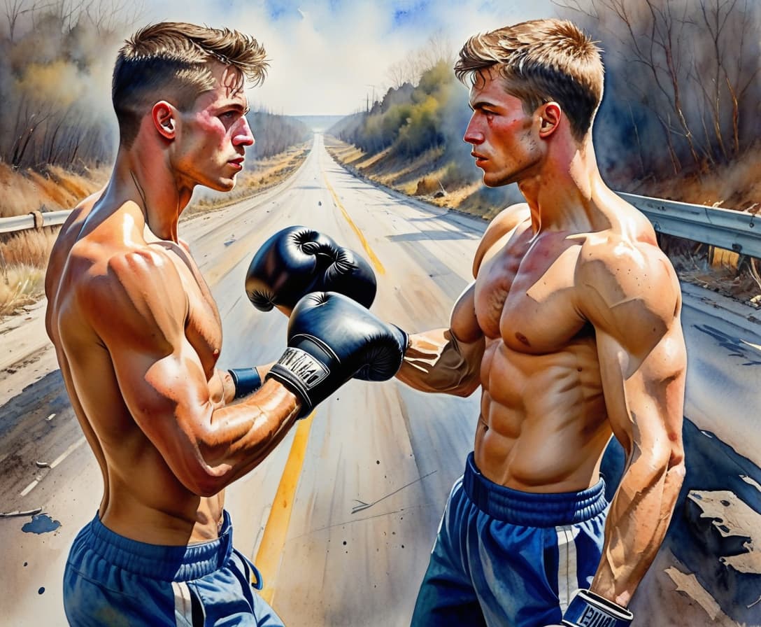  watercolor painting two bare bare young male drivers, fight in a boxing fight on an abandoned empty highway. . vibrant, beautiful, painterly, detailed, textural, artistic