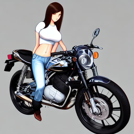  Beautiful a motorcycle, is wearing a tight white tshirt, midriff showing, slender body,