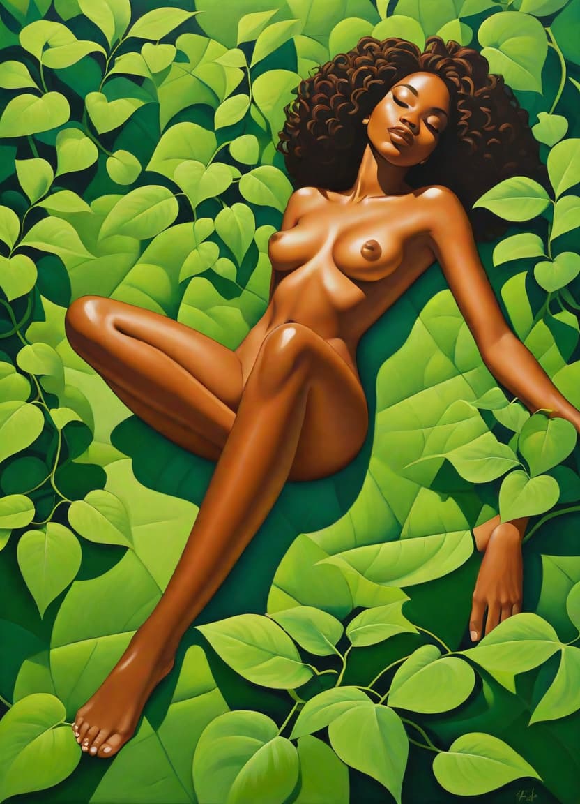  minimalism, painting of a beautiful black woman. she lays, surrounded by green vines. naked. she has brown legs. she has brown feet. she is in a divine pose., abstract, simple geometic shapes, hard edges, sleek contours, minimalism