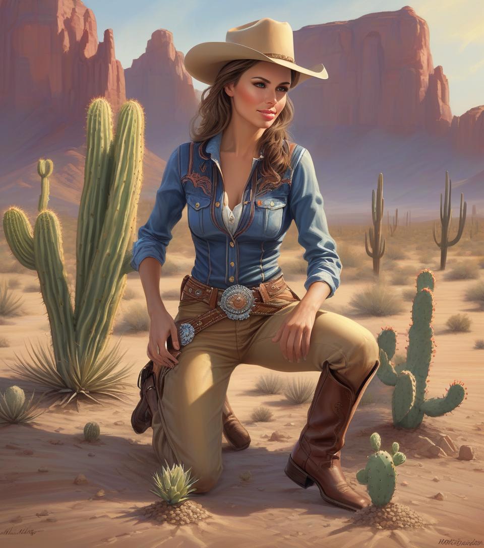  arafed woman in cowboy outfit kneeling in desert with cactus, female cowgirl, by mort künstler, by magali villeneuve, by pamela ascherson, highly detailed digital painting, cowgirl, western art, in stunning digital paint, western cowgirl, realistic digital painting, smiling woman, photorealistic digital painting, ultradetailed digital painting