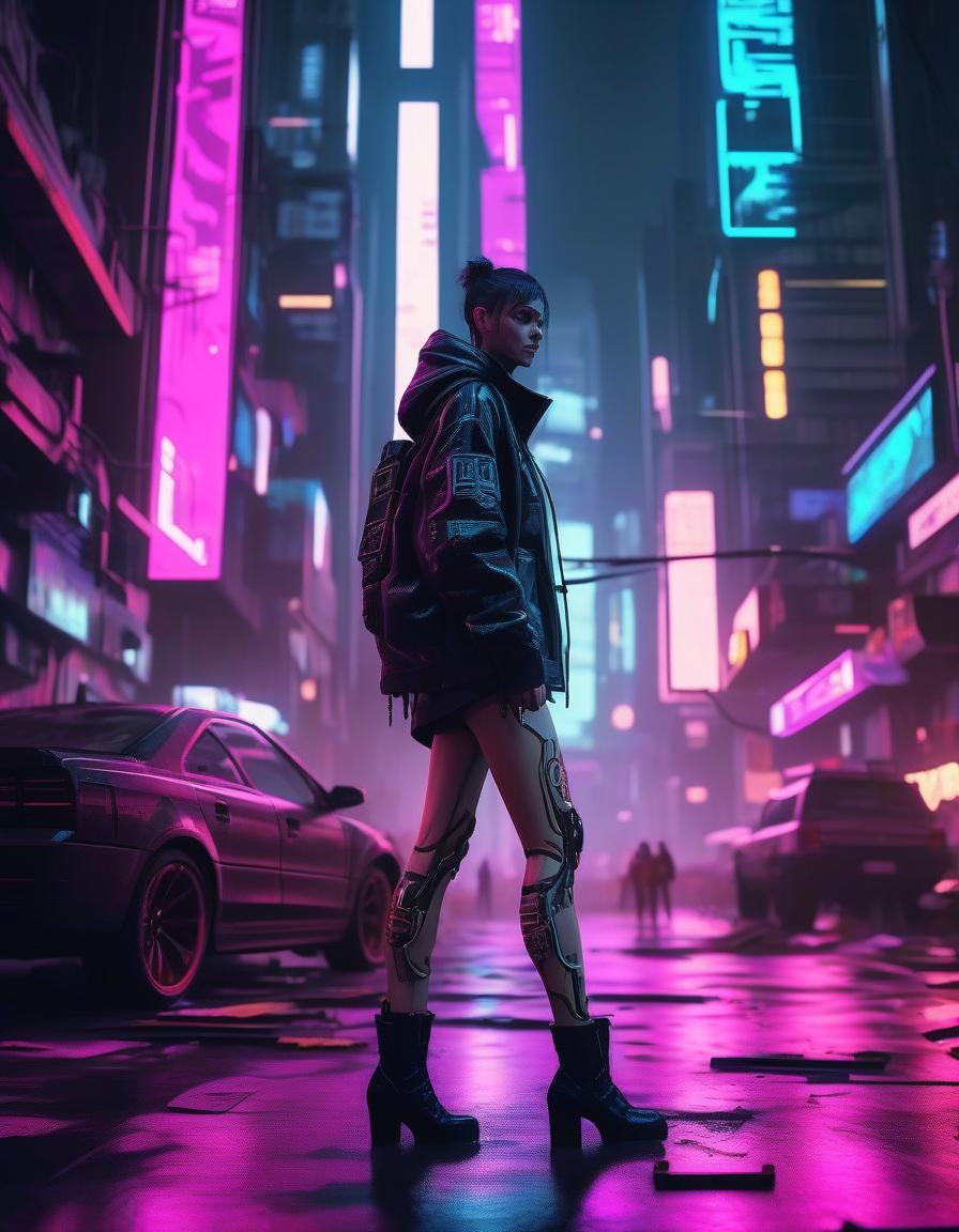  cyberpunk game style hight resolution. . skinny, (huge :1.9), legs. . neon, dystopian, futuristic, digital, vint, detailed, high contrast, reminiscent of cyberpunk genre video games