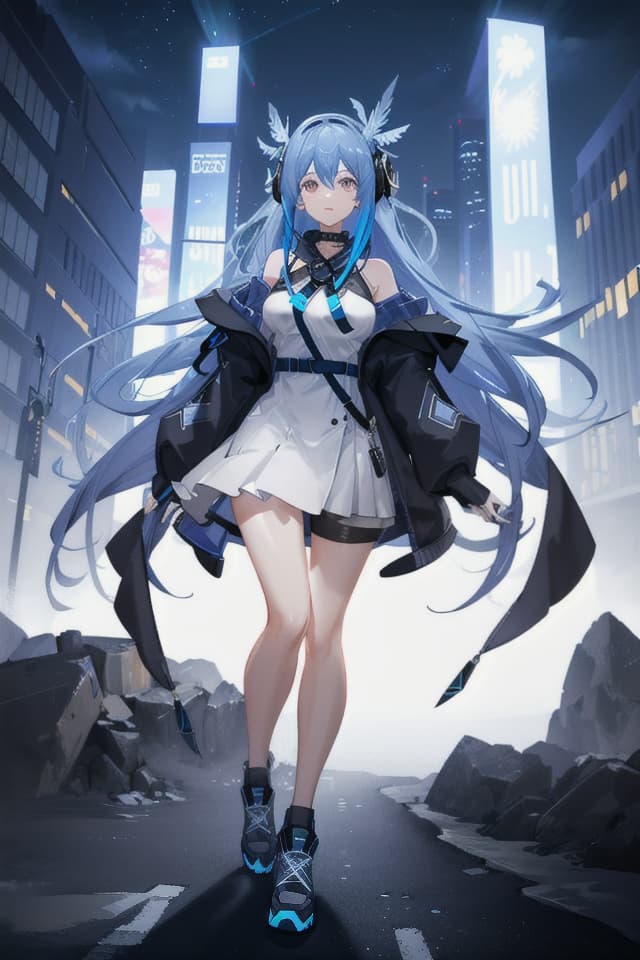  1girl,hoodie,blue hair, very long hair, off shoulder, feather hair ornament, headphones around neck, city,night,outdoors hyperrealistic, full body, detailed clothing, highly detailed, cinematic lighting, stunningly beautiful, intricate, sharp focus, f/1. 8, 85mm, (centered image composition), (professionally color graded), ((bright soft diffused light)), volumetric fog, trending on instagram, trending on tumblr, HDR 4K, 8K