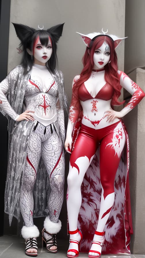  White and red bat pattern body paint in every corner of the body, silver body paint all over the body, Grey face paint on the face, Two dark elfs, full body image 女性