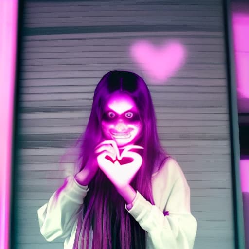 dvarchmodern a close up of a person with long hair, purple glowing eyes, lofi girl, (heart), artist unknown, just a cute little thing, bite, exotropia eyes, well edited, looking at viewer, veil, emote, large)}], neon aesthetic, fangs, hearts