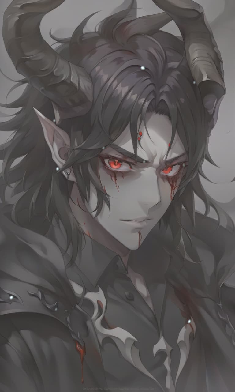  anime artwork man demon, white skin, blood red eyes, black hair, white horns, black clothes . anime style, key visual, vibrant, studio anime, highly detailed