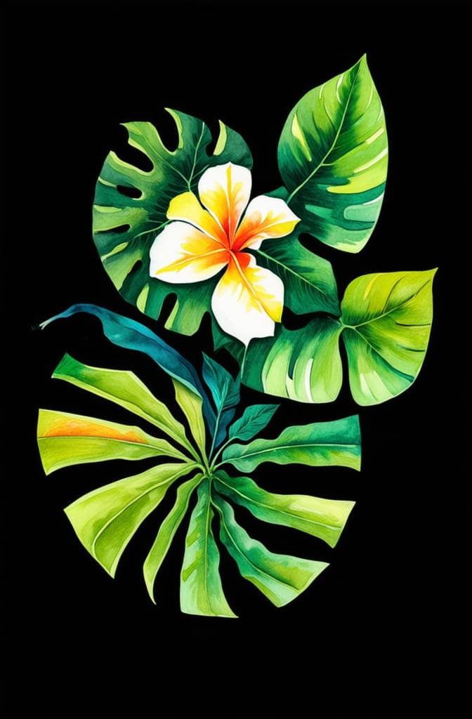  artwork tropical dark green leaves on dark background, monstera, banana and palm leaves ar 2:3, watercolor techniques, featuring fluid colors, subtle gradients, transparency associated with watercolor art