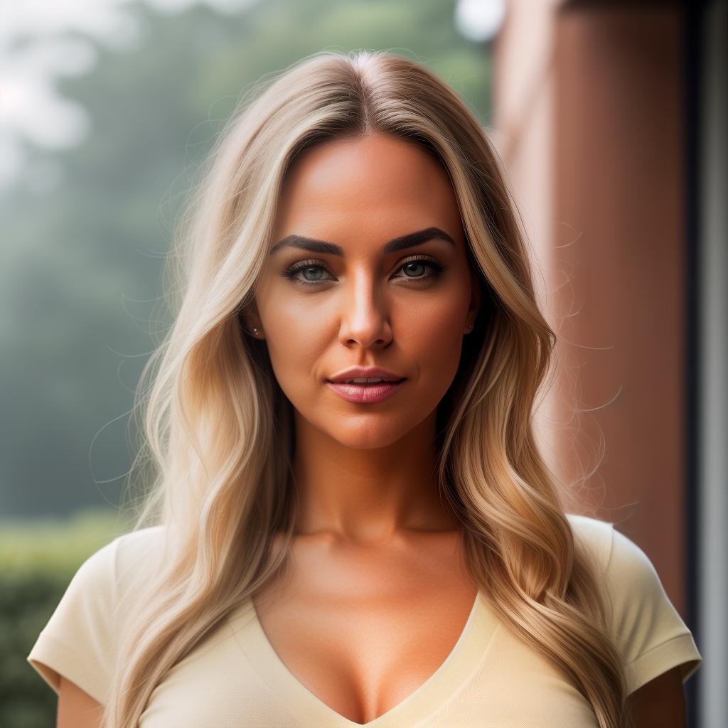  (((realistic full torso frontal head shot of a light beige to medium tan skin tone woman))), alice carla fuchs, ((caucasian heritage)), immature face, hazel eye color, ((long hair style)), ((blonde hair color)), ((curvy body type)), medium size, small size, (immature slightly upturned nose), (immature high cheekbones), (immature defined jawline), (immature full lips), (immature broad forehead), (immature symmetrical face), (immature arched eyebrows), standing straight looking directly into the camera,((wearing fitted polo shirt with deep v neck and monogrammed pocket)), backyard in background, 1girl, best quality, highest quality, award winning photo, masterpiece, raw, professional photography, photorealism, sharp focus, ci hyperrealistic, full body, detailed clothing, highly detailed, cinematic lighting, stunningly beautiful, intricate, sharp focus, f/1. 8, 85mm, (centered image composition), (professionally color graded), ((bright soft diffused light)), volumetric fog, trending on instagram, trending on tumblr, HDR 4K, 8K