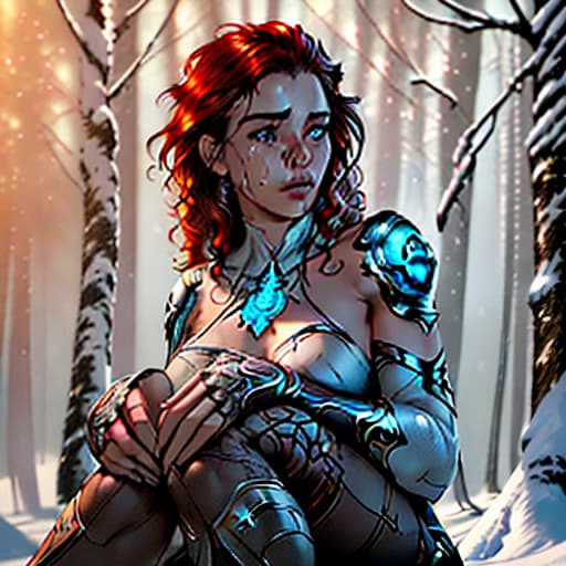  two people in the picture. a guy with a girl on the background of a snowy forest. the picture should feel tension, fear. they sit on their knees and look at each other. the girl holds his hands and cries. their hands are stained in red. the guy has white hair and blue eyes, dark eyebrows. the girl has red curly hair, brown eyes., ultra realistic, concept art, intricate details, highly detailed, photorealistic, octane render, 8k, unreal engine, sharp focus, volumetric lighting unreal engine. art by artgerm and alphonse mucha