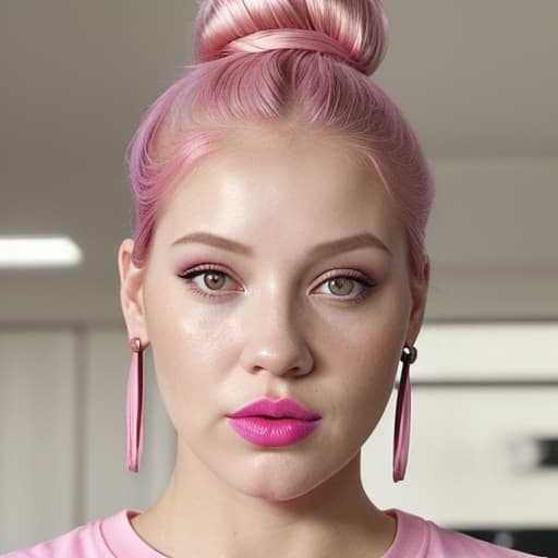  (--Style Photoralism, 16k) a close up of a woman with a pink shirt and a pink hair, pink shirt, pink lipstick, light pink lipstick, 🤬 🤮 💕 🎀, hair bun, ager , hyperrealistic , wearing a t-shirt, , beautiful makeup, hair tied in a bun, hair in a bun, updo, pink lips