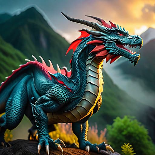  Dragon hyperrealistic, full body, detailed clothing, highly detailed, cinematic lighting, stunningly beautiful, intricate, sharp focus, f/1. 8, 85mm, (centered image composition), (professionally color graded), ((bright soft diffused light)), volumetric fog, trending on instagram, trending on tumblr, HDR 4K, 8K