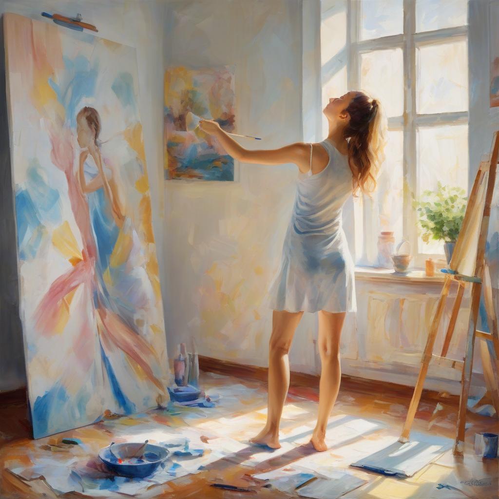  painting. young of doing morning exercises in a bright room in the style of painting by artist yablonskaya.