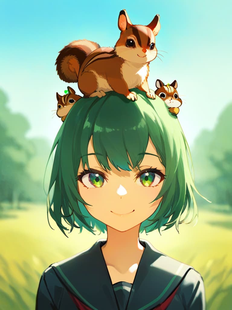  1girl,18yo,(((black high school uniform:1.5))),green hair, (((green graduated haircut hair:1.5))),(((very smile:1.3))),chipmunk,(((chipmunk on head:1.8)))