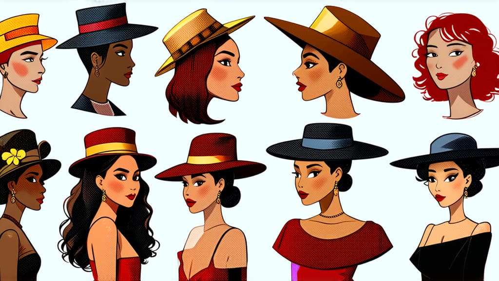  flat illustration, flaticon, (illustration:1.15), different beauty. set of different female heads in hats. different races and nationalities. colored hand drawn illustration ar 16:9, [cory loftis, strobist, pascal campion :: 0.2]