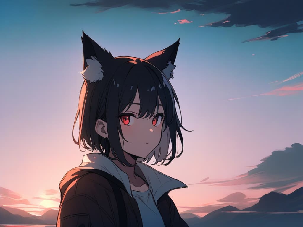  fox ears, one girl, black hair, short hair, red eyes, solo