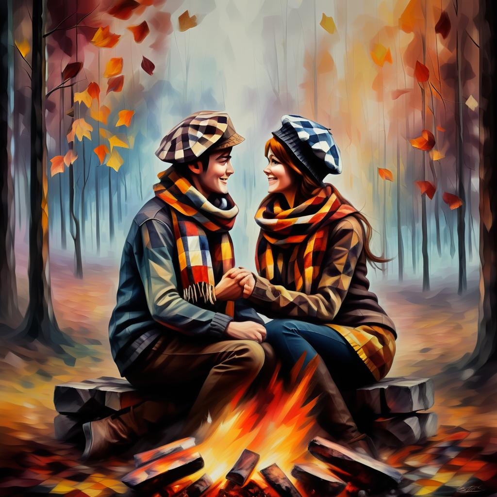  (style of leonid afremov:1.5), two young people in love, checkered scarves, checkered berets, sit in front of a fire in an autumn forest, holding hands, epic realism, anime features, dark fantasy, abstract horror, desaturated color palette, gothic and renaissance aesthetic, (happy smiles:1.4 ),