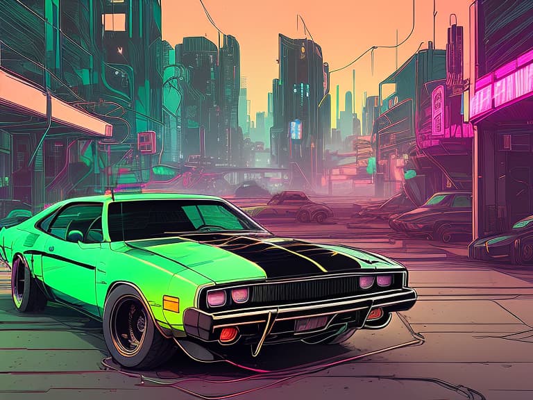 nvinkpunk green, with black stripes across the entire body of dodge charger 1975, an air intake sticks out of the hood, stands sideways, cyberpunk city