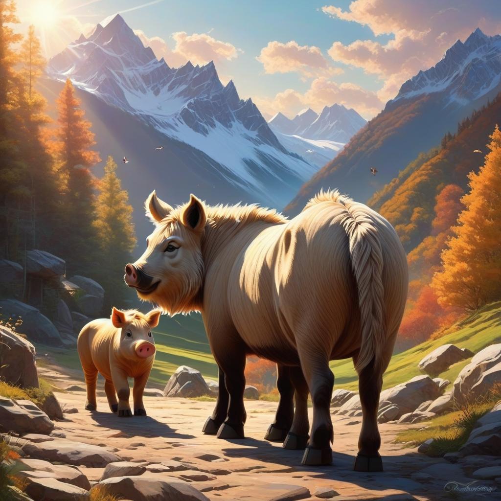  toon tigers, pigs, horse hands, in the background of the mountains, with sunlight. lovely style。, award winning, professional, highly detailed, masterpiece