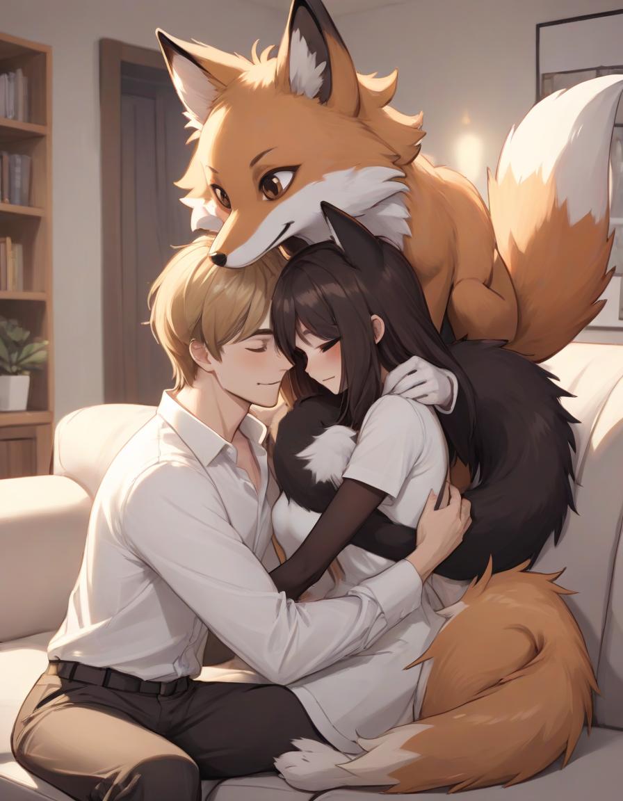  a girl man with foxy black ears and a black fox tail and brown hair to the shoulder blades in a white shirt hugs a guy with blond hair and brown fox ears and a brown fox tail while in the living room on the sofa