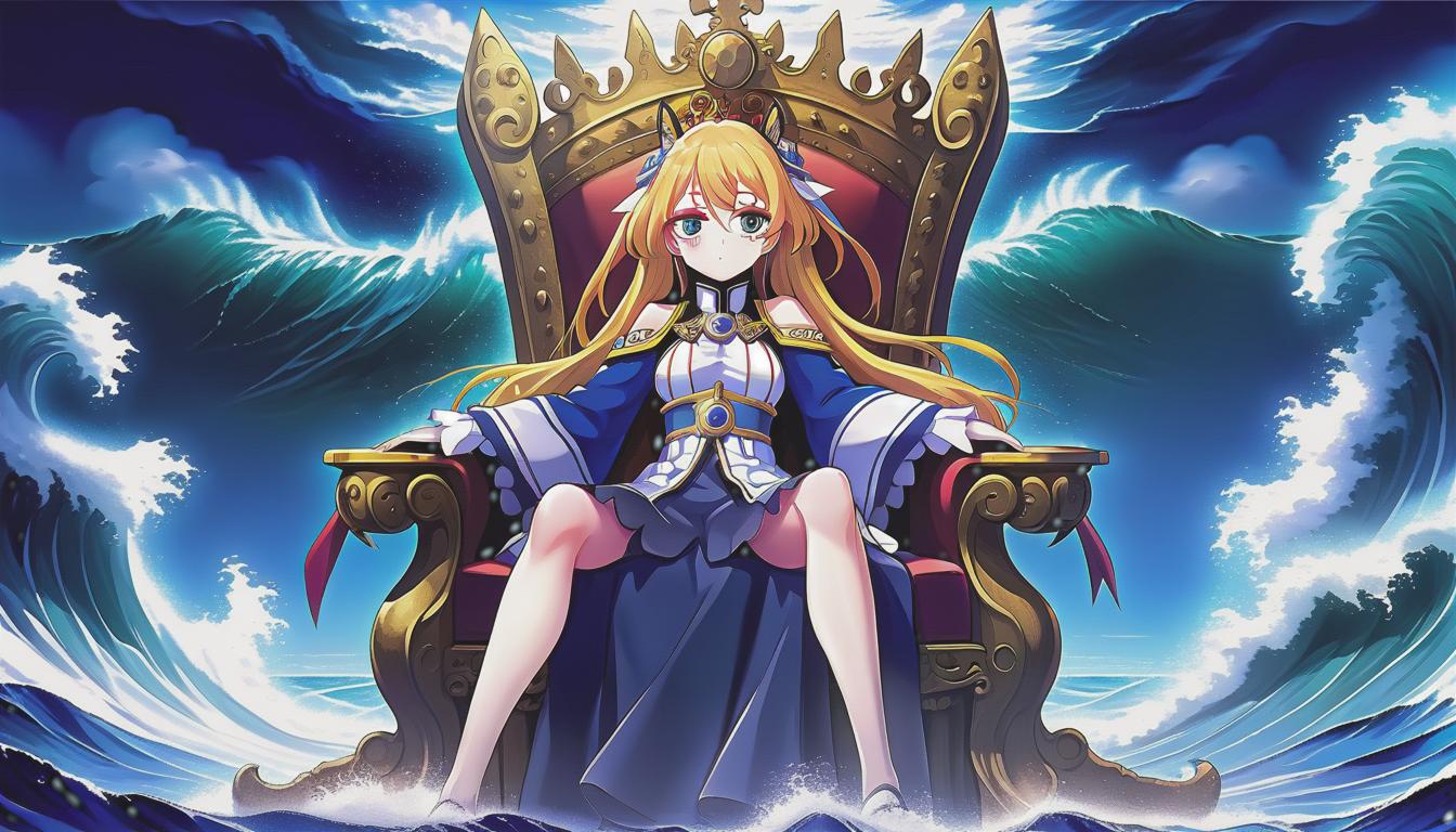  anime artwork furina sits on the royal throne weeping, and below the raging sea . anime style, key visual, vibrant, studio anime, highly detailed