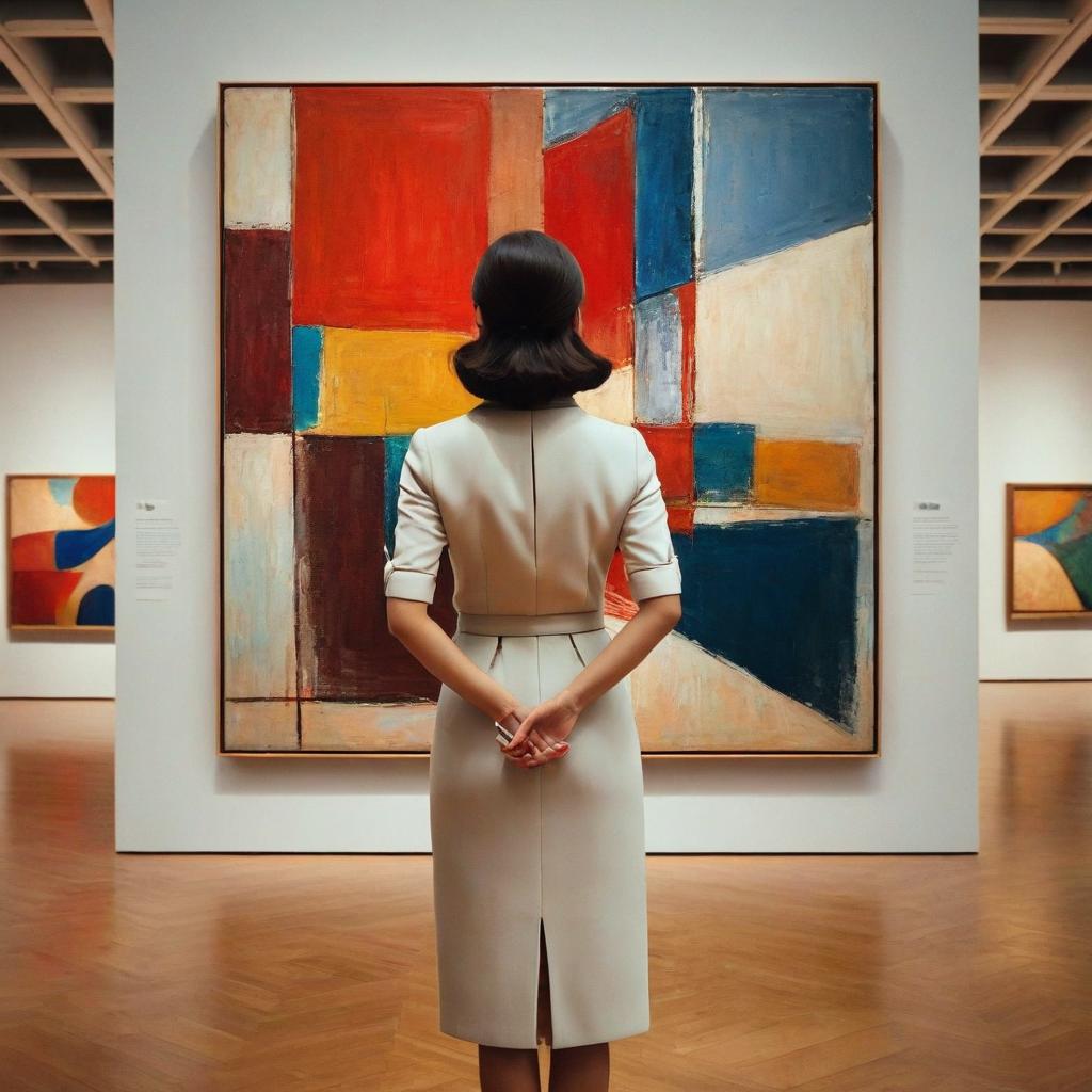  a woman looking at a painting in a museum while placing her hands behind her back. she looks different from the woman in the photo above. she is wearing a different outfit. she is looking at a different painting in a different room.