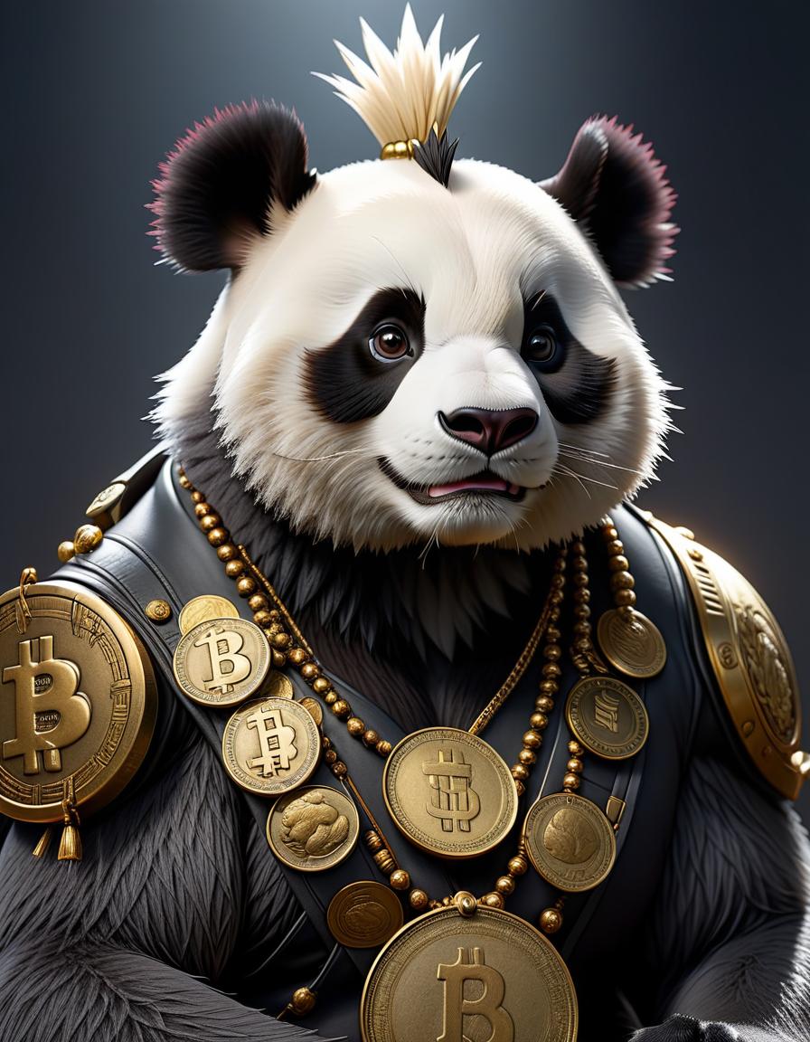  create a panda with a mohawk on its head and a large coin in its paws on a dark gray background hyperrealistic, full body, detailed clothing, highly detailed, cinematic lighting, stunningly beautiful, intricate, sharp focus, f/1. 8, 85mm, (centered image composition), (professionally color graded), ((bright soft diffused light)), volumetric fog, trending on instagram, trending on tumblr, HDR 4K, 8K