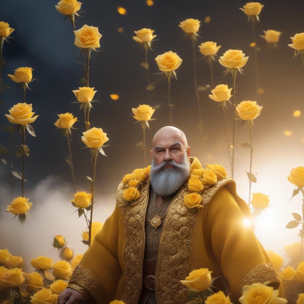  Wool-knitted dwarf, yellow roses, gold brocade background, realistic color photo hyperrealistic, full body, detailed clothing, highly detailed, cinematic lighting, stunningly beautiful, intricate, sharp focus, f/1. 8, 85mm, (centered image composition), (professionally color graded), ((bright soft diffused light)), volumetric fog, trending on instagram, trending on tumblr, HDR 4K, 8K