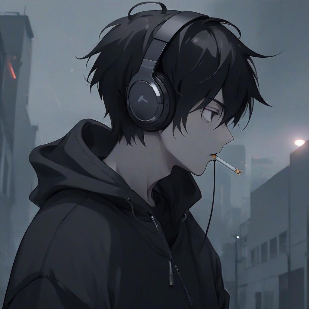  guy with a short haircut in gray hoodie headphones looks up at the sky, anime, without a cigarette